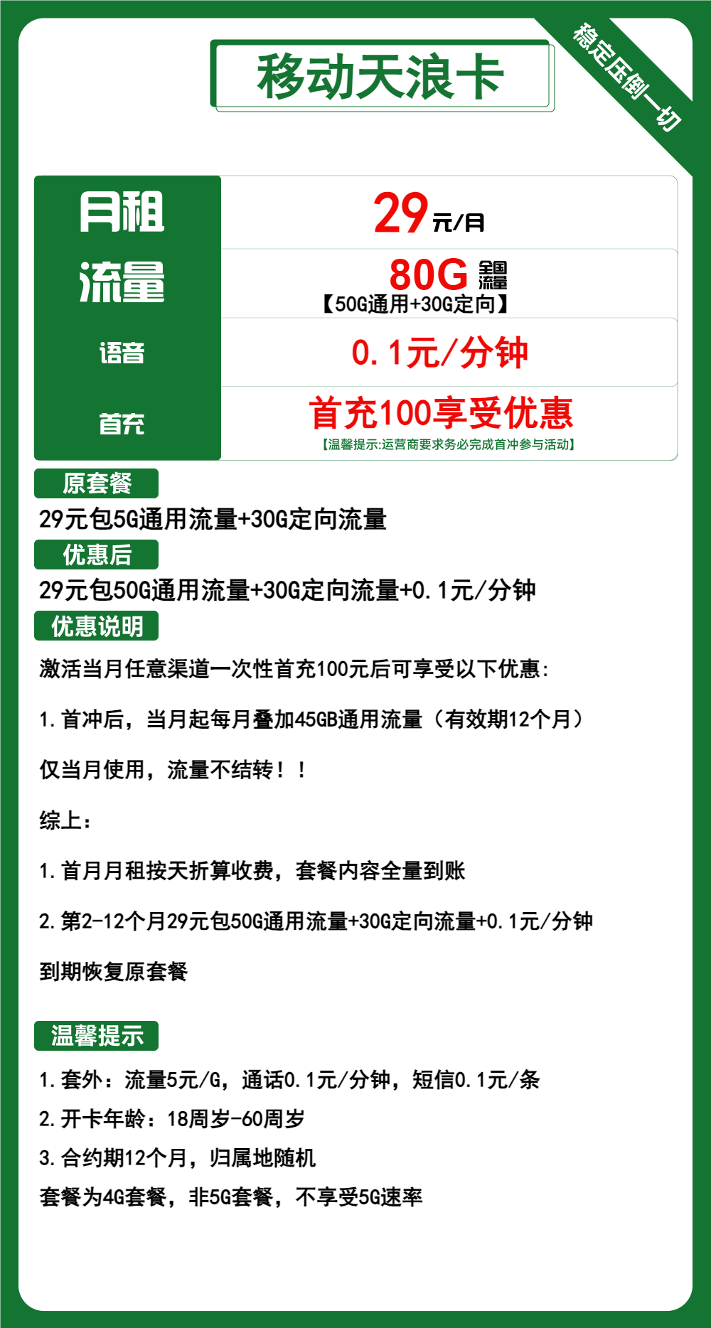 移动天浪卡29元包50G通用+30G定向+通话0.1元/分钟  第2张