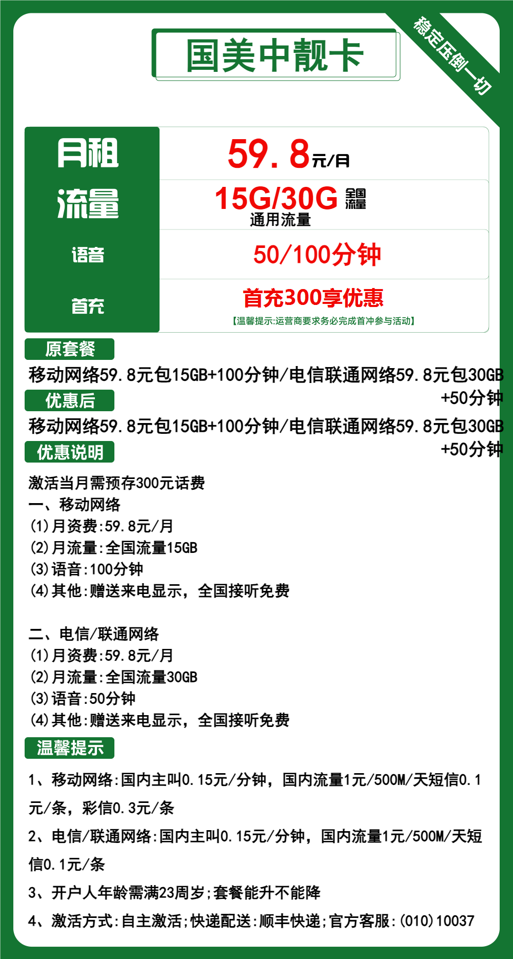 国美中靓卡59.8元包15G/30G通用+通话50/100分钟  第2张