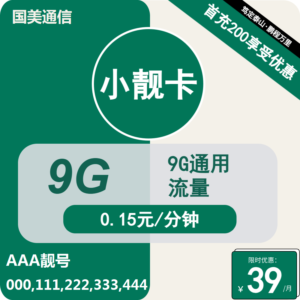 国美小靓卡39元包9G/10G通用+通话0.15元/分钟