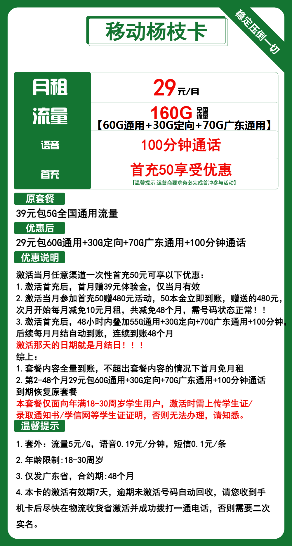 移动杨枝卡29元包130G通用+30G定向+100分钟  第2张