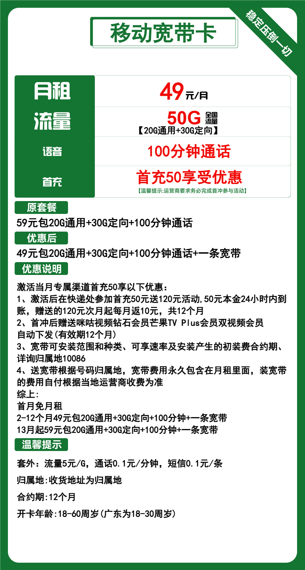 移动宽带卡49元包20G通用+30G定向+100分钟+宽带+会员  第2张