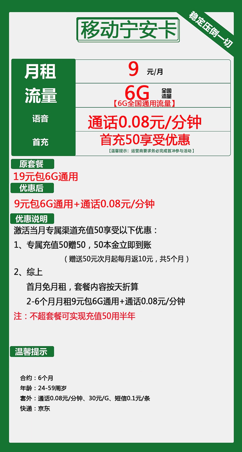 移动宁安卡9元包6G通用+通话0.08元/分钟  第2张