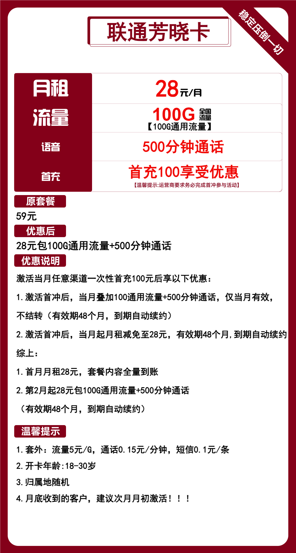 卡业联盟官方发布：联通芳晓卡28元包100G通用+500分钟通话  第2张
