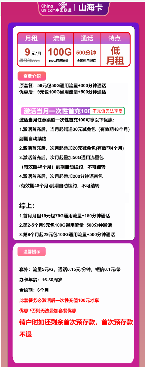 卡业联盟官方发布：联通山海卡9元包100G通用+500分钟通话  第2张