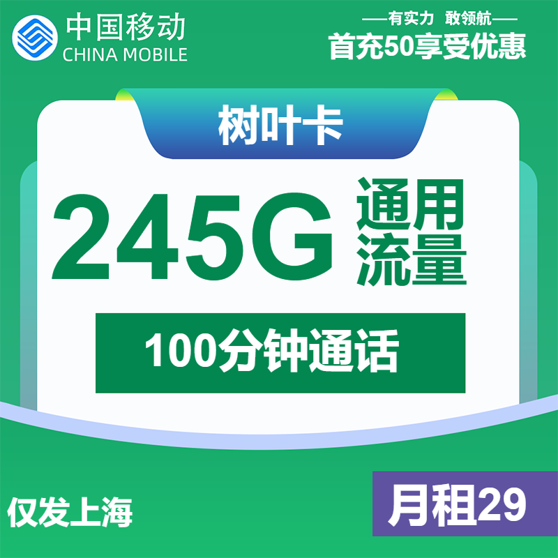 移动树叶卡29元包245G通用+100分钟