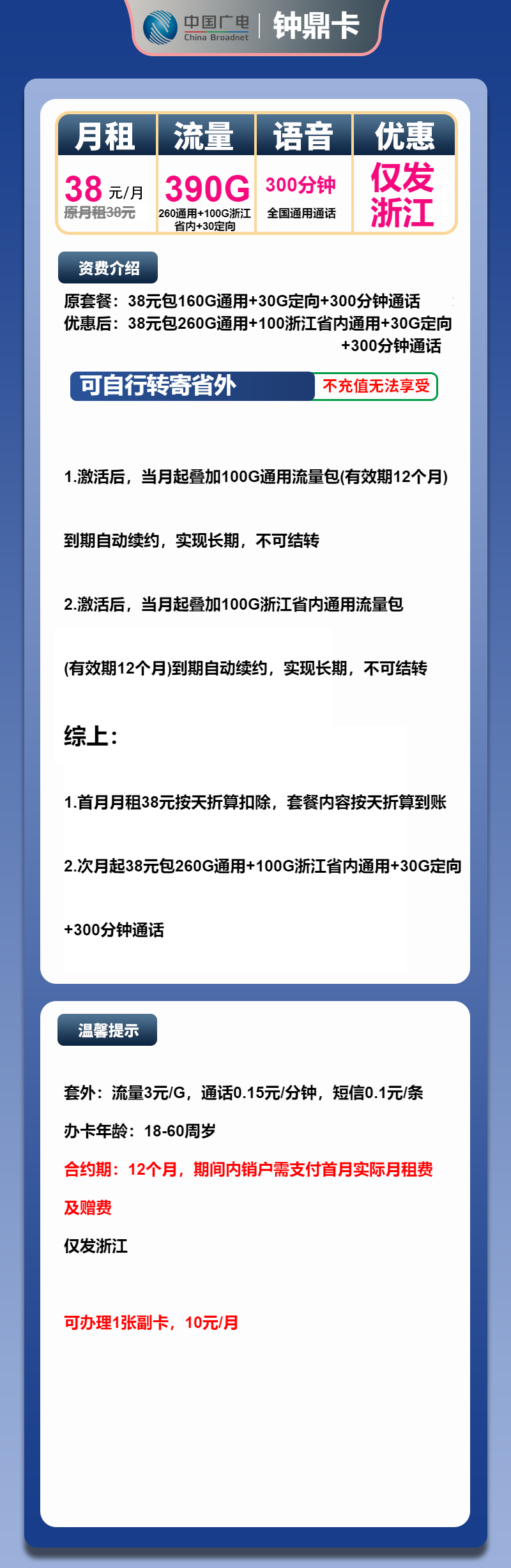 广电钟鼎卡38元包260G通用+100G浙江+30G定向+300分钟  第2张