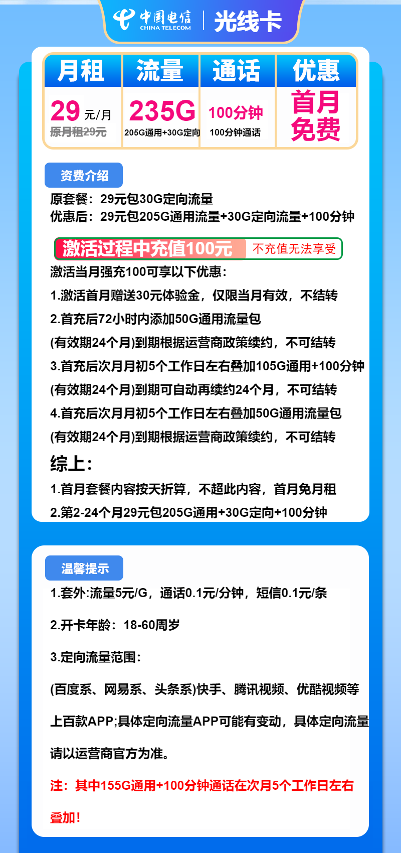 电信光线卡29元包205G通用+30G定向+100分钟  第2张