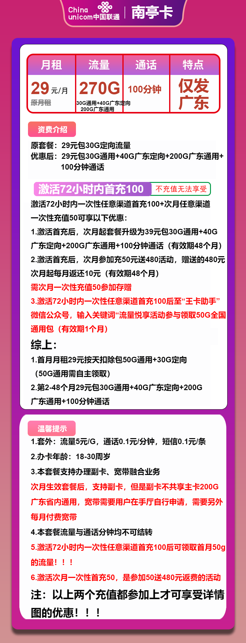 联通南亭卡29元包230G通用+40G定向+100分钟  第2张