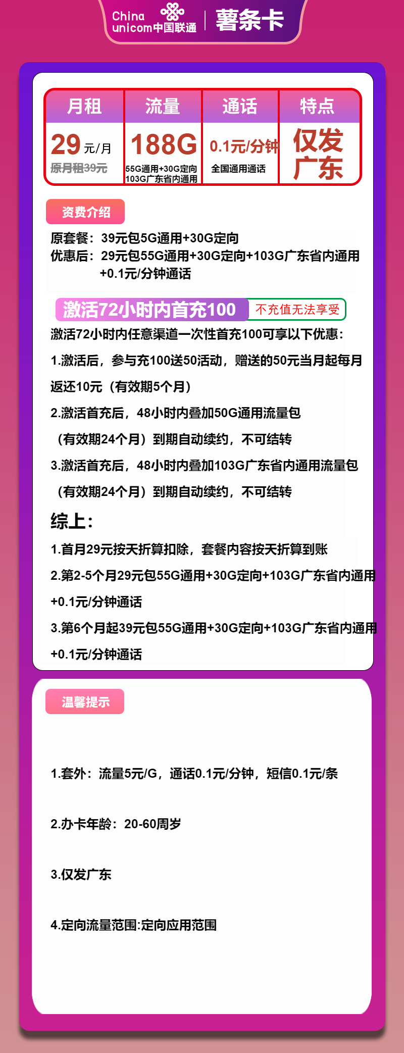 联通薯条卡29元包158G通用+30G定向+通话0.1元/分钟  第2张